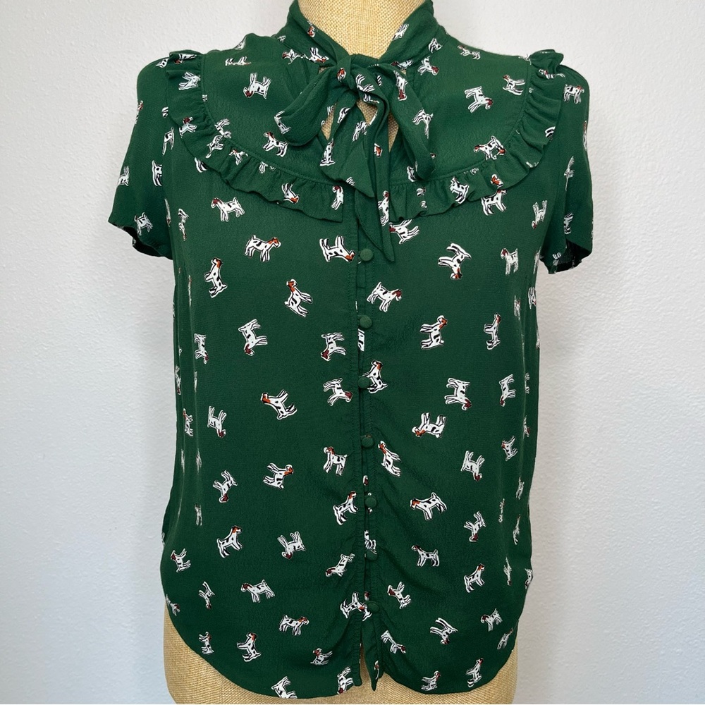 Anthropologie Mauve Adagio Green Dog Print Ruffled Blouse Size Small